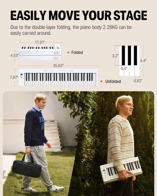 Alt view image 7 of 7 - 61-Key Folding Bluetooth Keyboard Piano for Beginners, Portable Piano Keyboard with Music Rest, Bag, Pedal, and App - White