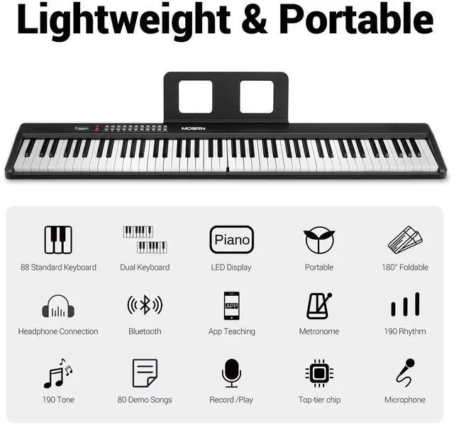 Alt view image 4 of 5 - 88 Keys Full Size Portable Piano Keyboard for Beginner, Semi-Weighted Foldable Piano with 190 Rhythms&Tones, Electric Piano Keyboard with microphone, music stand, sticker, Black