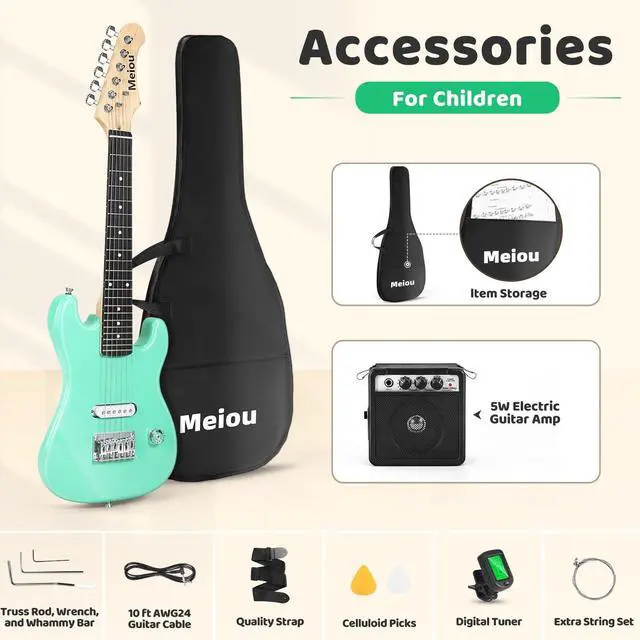 Alt view image 2 of 7 - 30 Inch Kids Electric Guitar Beginner Kits ST Style Mini Electric Guitar withAmp,Bag,Tuner, Picks, Cable, Strap, Strings (Green)