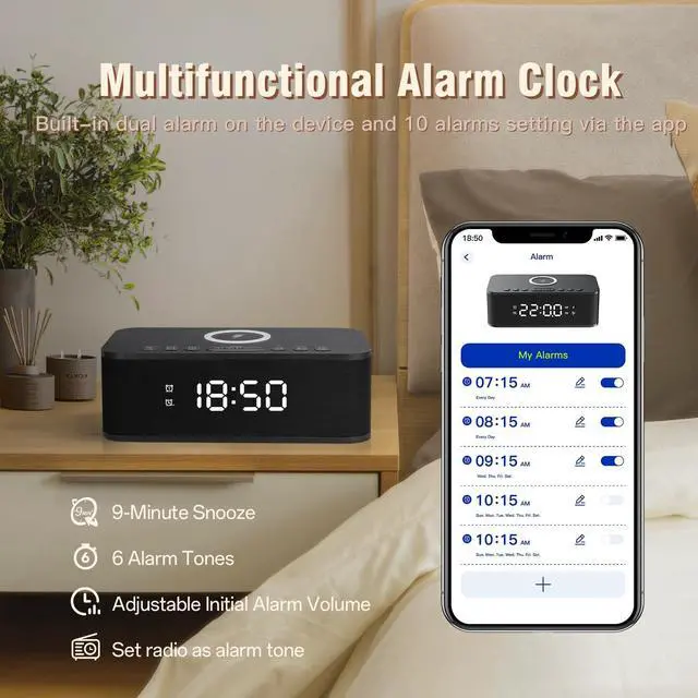 Alt view image 2 of 7 - Dual Alarm Clock Radio Bedroom, Digital Alarm Clocks Bedrooms Bluetooth, Up to 10 Bedroom Alarms Clock White Noise 23 Soothing Sounds App/Button Control Snooze 12/24H FM Speaker Charging, Black