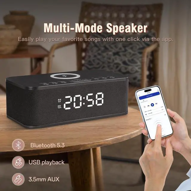 Alt view image 5 of 7 - Dual Alarm Clock Radio Bedroom, Digital Alarm Clocks Bedrooms Bluetooth, Up to 10 Bedroom Alarms Clock White Noise 23 Soothing Sounds App/Button Control Snooze 12/24H FM Speaker Charging, Black