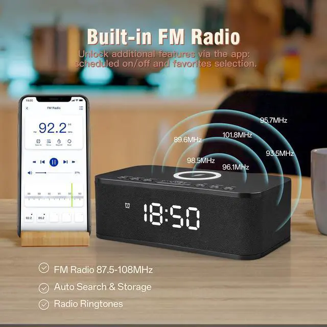 Alt view image 6 of 7 - Dual Alarm Clock Radio Bedroom, Digital Alarm Clocks Bedrooms Bluetooth, Up to 10 Bedroom Alarms Clock White Noise 23 Soothing Sounds App/Button Control Snooze 12/24H FM Speaker Charging, Black
