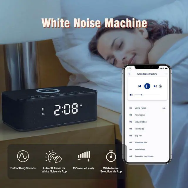 Alt view image 7 of 7 - Dual Alarm Clock Radio Bedroom, Digital Alarm Clocks Bedrooms Bluetooth, Up to 10 Bedroom Alarms Clock White Noise 23 Soothing Sounds App/Button Control Snooze 12/24H FM Speaker Charging, Black