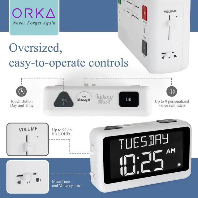 Alt view image 6 of 7 - Talking Clock. Voice Recordable Ex Large Medication Pill Reminder. Talking Alarm Clock for Dementia, Hearing, Visually impaired Seniors-Digital Day Clock with Multiple Customized Alarms White