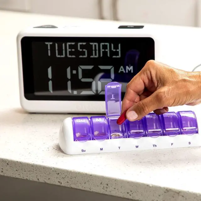Alt view image 3 of 7 - Talking Clock. Voice Recordable Ex Large Medication Pill Reminder. Talking Alarm Clock for Dementia, Hearing, Visually impaired Seniors-Digital Day Clock with Multiple Customized Alarms White