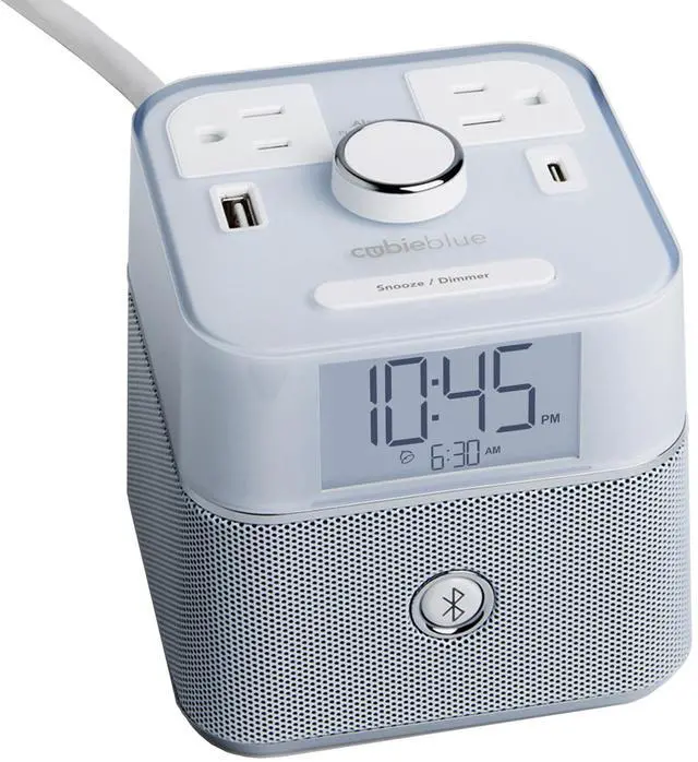 Main image of CubieBlue White - Charging Alarm Clock with Bluetooth Speaker Outlets and USB Ports