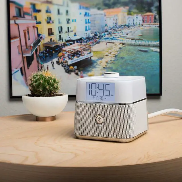 Alt view image 5 of 7 - CubieBlue White - Charging Alarm Clock with Bluetooth Speaker Outlets and USB Ports