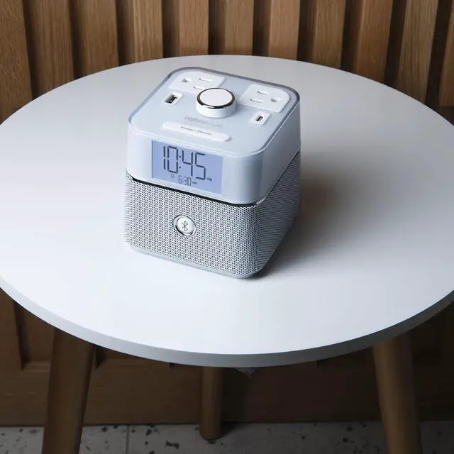 Alt view image 7 of 7 - CubieBlue White - Charging Alarm Clock with Bluetooth Speaker Outlets and USB Ports