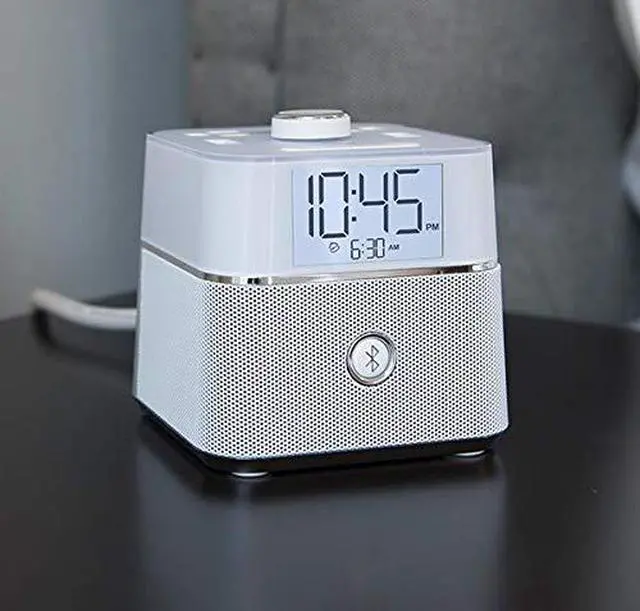 Alt view image 4 of 7 - CubieBlue White - Charging Alarm Clock with Bluetooth Speaker Outlets and USB Ports
