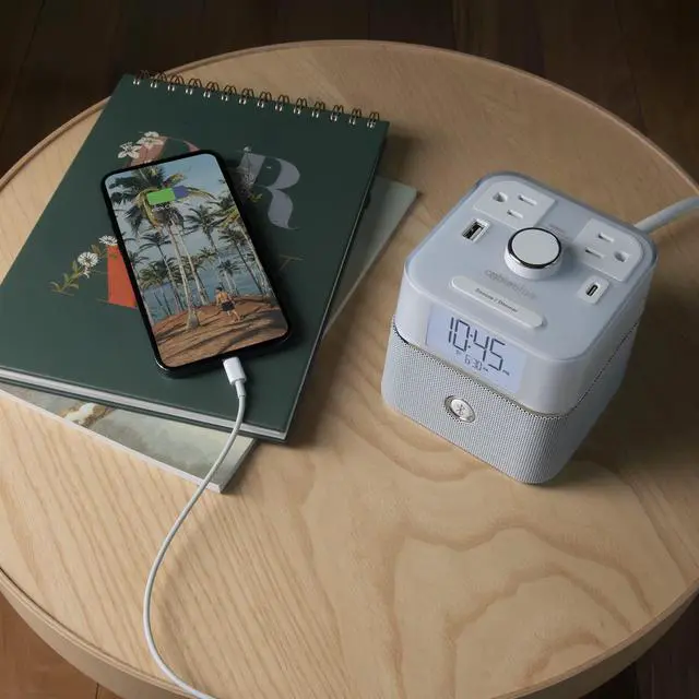 Alt view image 6 of 7 - CubieBlue White - Charging Alarm Clock with Bluetooth Speaker Outlets and USB Ports