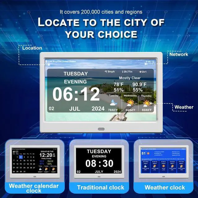 Alt view image 3 of 7 - New Digital Weather Clock with Temperature Humdity Alarm Clock (10.1inch / White)