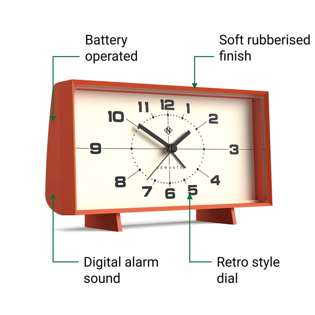 Alt view image 5 of 6 - Wideboy Alarm Clock | Rectangular Retro Design | Pumpkin Orange | Mid-century dial | Ideal for bedside, desk, mantel or shelf | Retro bedroom & office accessory