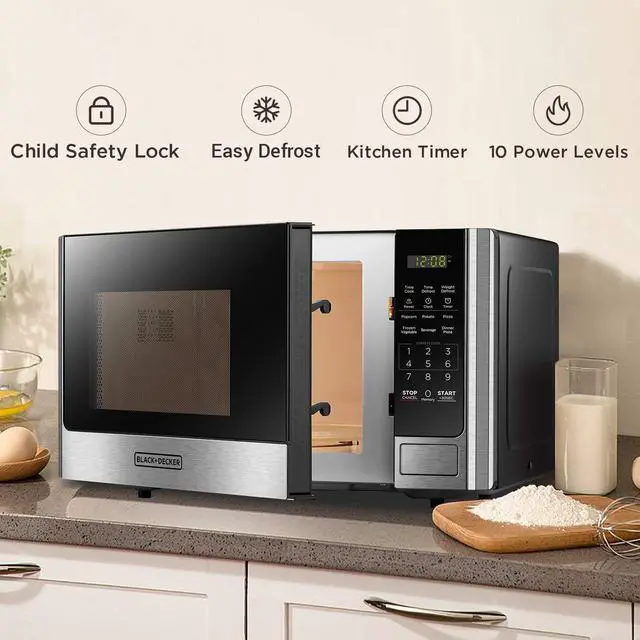 Alt view image 4 of 7 - Digital Microwave Oven with Turntable Push-Button Door, Child Safety Lock, Stainless Steel, 0.9 Cu Ft