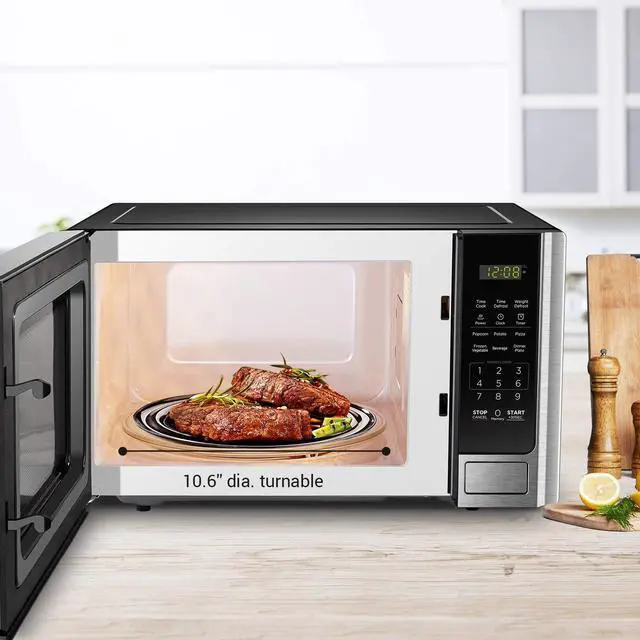 Alt view image 5 of 7 - Digital Microwave Oven with Turntable Push-Button Door, Child Safety Lock, Stainless Steel, 0.9 Cu Ft