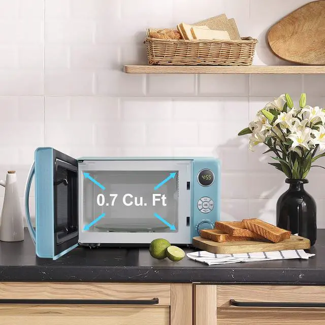 Alt view image 2 of 7 - GLCMKA07BER-07 Retro Microwave Oven, LED Lighting, Pull Handle Design, Child Lock, Bebop Blue, 0.7 cu ft