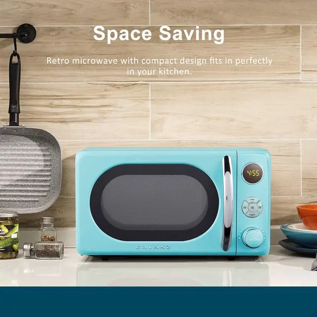 Alt view image 4 of 7 - GLCMKA07BER-07 Retro Microwave Oven, LED Lighting, Pull Handle Design, Child Lock, Bebop Blue, 0.7 cu ft