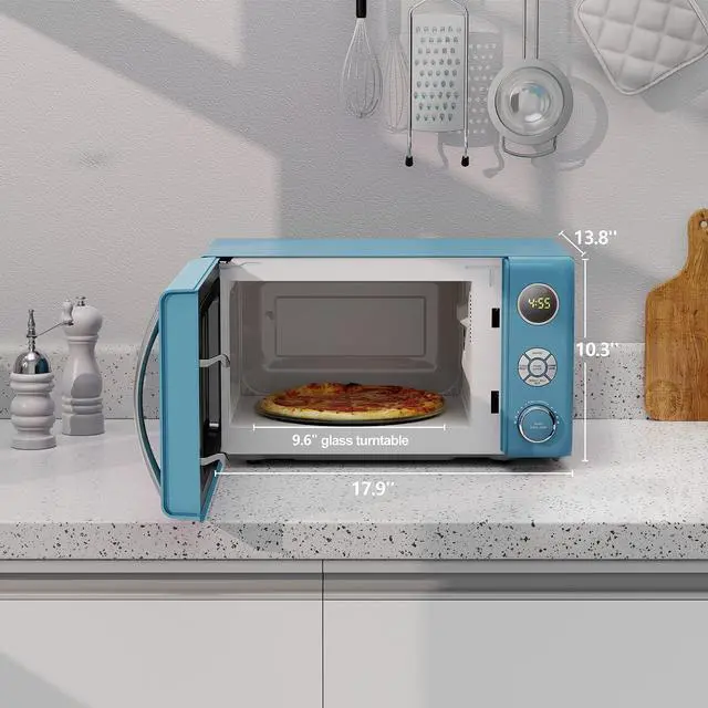 Alt view image 6 of 7 - GLCMKA07BER-07 Retro Microwave Oven, LED Lighting, Pull Handle Design, Child Lock, Bebop Blue, 0.7 cu ft