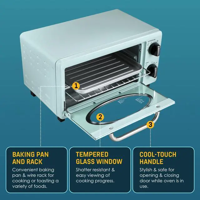 Alt view image 5 of 7 - by Maximatic Americana Collection ETO147M Diner 50s Retro Countertop Toaster oven, Bake, Toast, Fits 8 Pizza, Temperature Control & Adjustable 60-Minute Timer 1000W, 2 Slice, Mint
