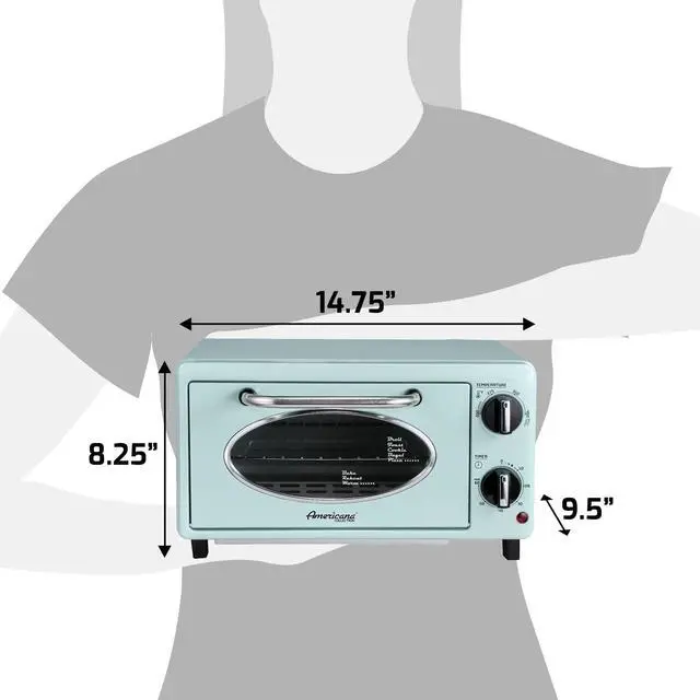 Alt view image 7 of 7 - by Maximatic Americana Collection ETO147M Diner 50s Retro Countertop Toaster oven, Bake, Toast, Fits 8 Pizza, Temperature Control & Adjustable 60-Minute Timer 1000W, 2 Slice, Mint