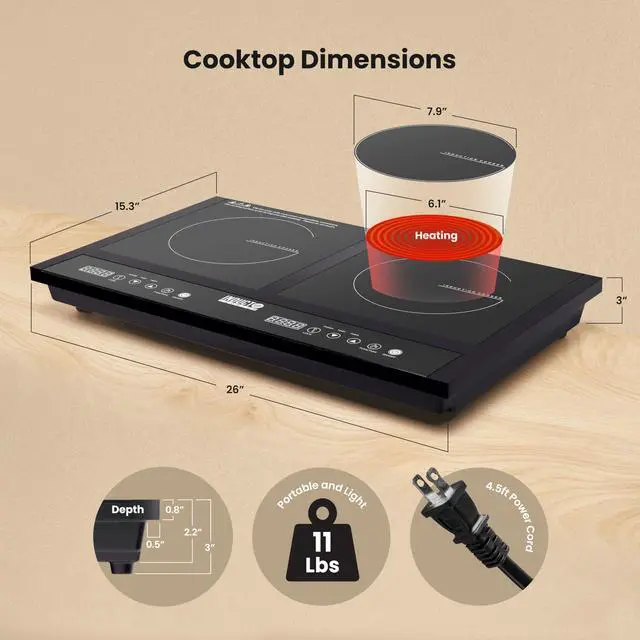 Alt view image 4 of 7 - Inducto Dual Induction Cooktop Countertop Burner, Portable Electric Cooktop with Two Heating Zones, Energy-Efficient Countertop Stove, Easy-to-Clean Glass Surface, Black 1800W