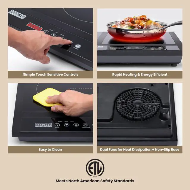 Alt view image 2 of 7 - Inducto Dual Induction Cooktop Countertop Burner, Portable Electric Cooktop with Two Heating Zones, Energy-Efficient Countertop Stove, Easy-to-Clean Glass Surface, Black 1800W
