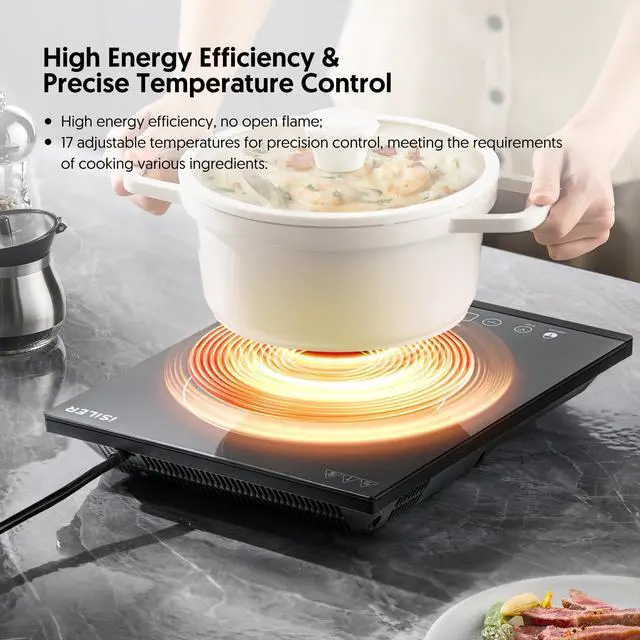 Alt view image 4 of 6 - Portable Induction Cooktop,  1800W Sensor Touch Electric Induction Cooker Hot Plate with Kids Safety Lock, 6.7" Heating Coil, 18 Power 17 Temperature Setting Countertop Burner with Timer