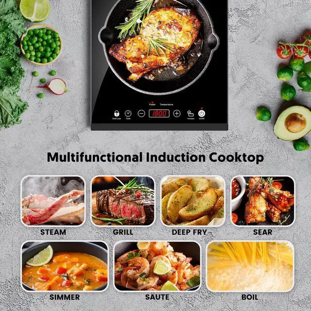 Alt view image 3 of 6 - Portable Induction Cooktop,  1800W Sensor Touch Electric Induction Cooker Hot Plate with Kids Safety Lock, 6.7" Heating Coil, 18 Power 17 Temperature Setting Countertop Burner with Timer