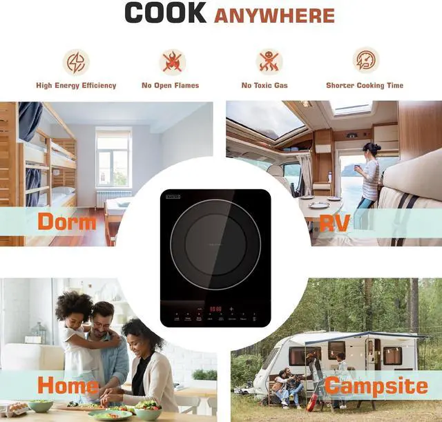 Alt view image 5 of 6 - Portable Induction Hot Plate Cooktop, Single 1 Burner Countertop Cooker, 3 Preset Modes, Shatter-proof Flat Glass Top, 110~120 Volt Plug in Electric Stove for Kitchen, Outdoor Camping, RV