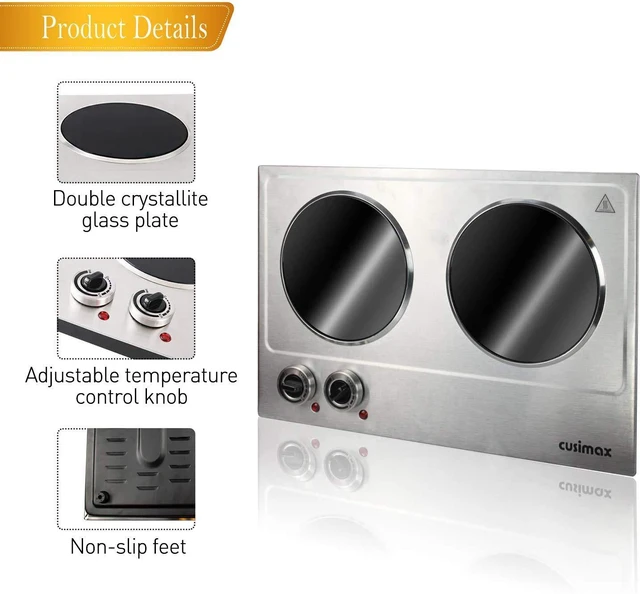 Alt view image 2 of 7 - 1800W Ceramic Electric Hot Plate for Cooking, Double Burner, Silver | Dual Control Infrared Cooktop, Portable Countertop Burner, Glass Plate Electric Cooktop, Stainless Steel