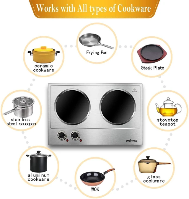 Alt view image 3 of 7 - 1800W Ceramic Electric Hot Plate for Cooking, Double Burner, Silver | Dual Control Infrared Cooktop, Portable Countertop Burner, Glass Plate Electric Cooktop, Stainless Steel