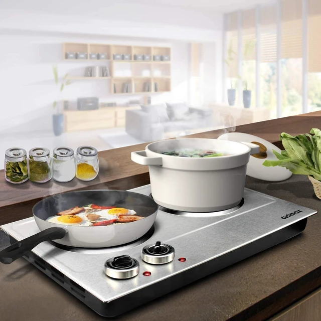 Alt view image 7 of 7 - 1800W Ceramic Electric Hot Plate for Cooking, Double Burner, Silver | Dual Control Infrared Cooktop, Portable Countertop Burner, Glass Plate Electric Cooktop, Stainless Steel