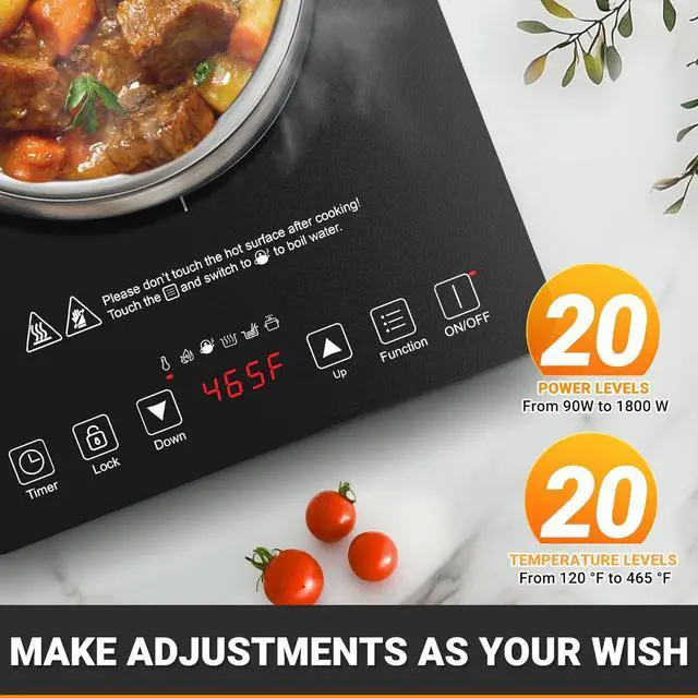 Alt view image 2 of 7 - Portable Induction Cooktop 20 Temperature & Power Levels, 1800W Induction Stove Burner with 6.8" Heating Coil, Low Noise Hot Plate Single Electric Cooktops Countertop Stove with Timer