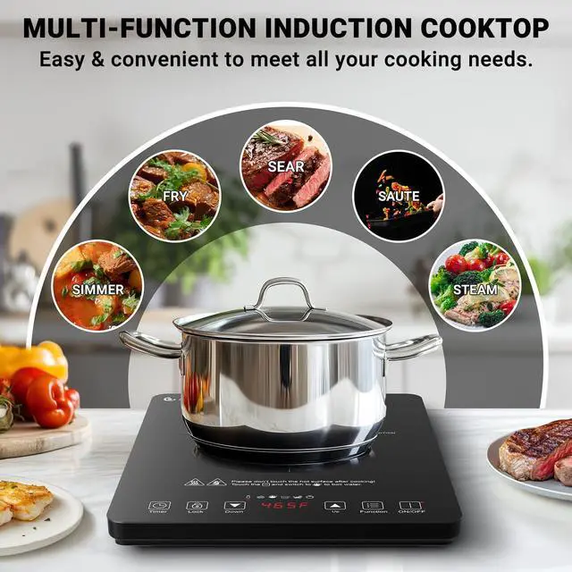 Alt view image 3 of 7 - Portable Induction Cooktop 20 Temperature & Power Levels, 1800W Induction Stove Burner with 6.8" Heating Coil, Low Noise Hot Plate Single Electric Cooktops Countertop Stove with Timer
