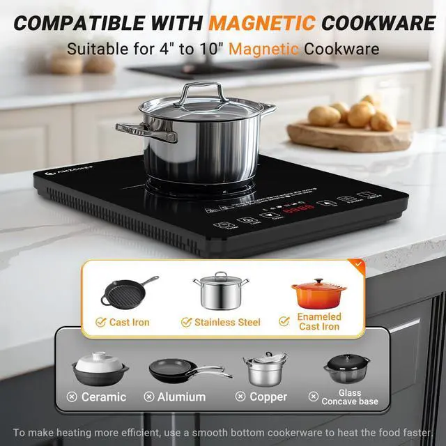 Alt view image 4 of 7 - Portable Induction Cooktop 20 Temperature & Power Levels, 1800W Induction Stove Burner with 6.8" Heating Coil, Low Noise Hot Plate Single Electric Cooktops Countertop Stove with Timer