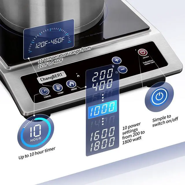 Alt view image 2 of 7 - Induction Cooktop, Commercial Grade Portable Cooker, Large 8 Heating Coil, Premium Stainless Steel Countertop Burner with NSF Certified, 10 Hours Timer Powerful 1800W Professional Hot Plate