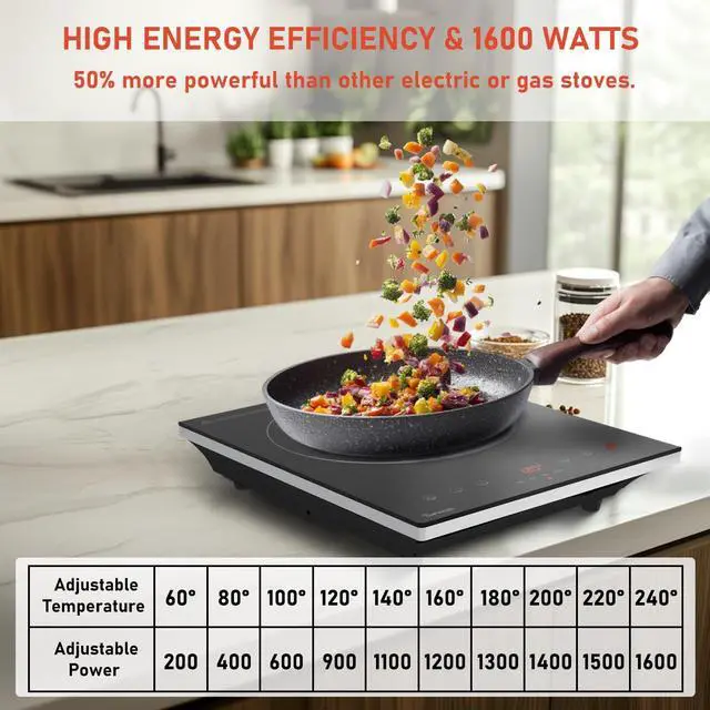 Alt view image 2 of 7 - Induction Cooktop,  Portable Hot Plate Electric Induction Burner, 10 Temp Levels up to 464°F, 110-120V Electric Stove Top Cooker with High Energy Efficiency & Kids Lock for Cooking, 1600W
