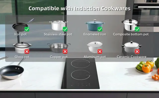 Alt view image 3 of 7 - Induction Cooktop 12 Inch, 220V~240V, 2 Burners Electric Cooktop,3500W, 12'' Built-in Double Electric Stove Top Countertop Cooker with Hard Wire,No Plug