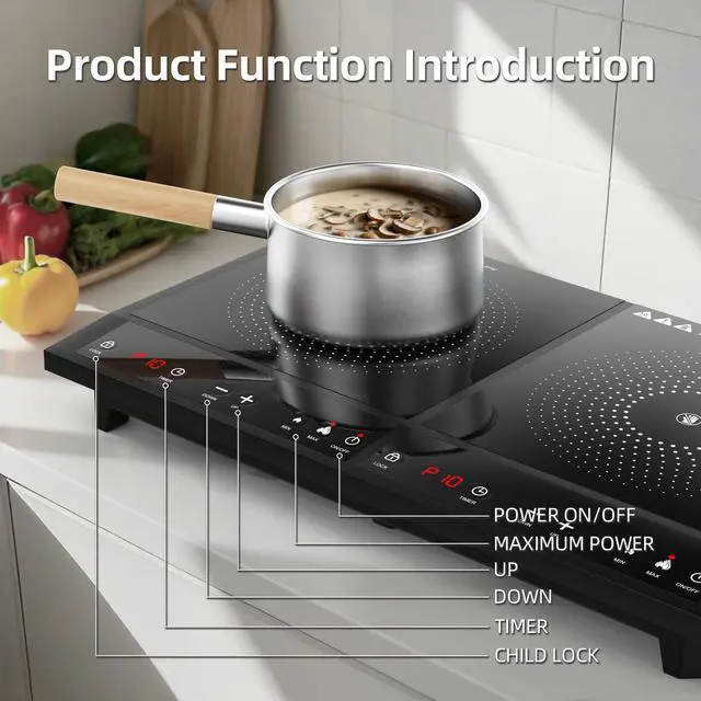 Alt view image 2 of 7 - Double Induction Cooktop, Portable Induction Cooker with 2 Burner Independent Control,Ultrathin Body,10 Temperature,1800W-Multiple Power Levels,3 Hour Timer,Safety Lock