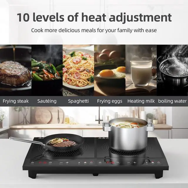 Alt view image 4 of 7 - Double Induction Cooktop, Portable Induction Cooker with 2 Burner Independent Control,Ultrathin Body,10 Temperature,1800W-Multiple Power Levels,3 Hour Timer,Safety Lock