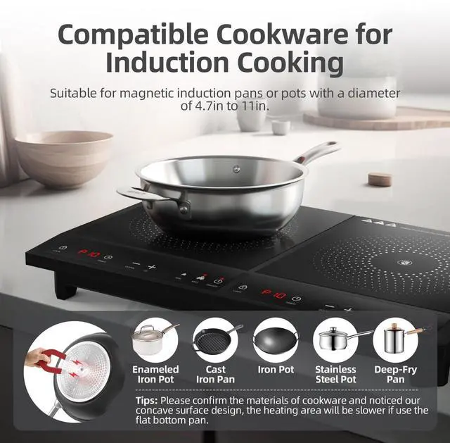 Alt view image 5 of 7 - Double Induction Cooktop, Portable Induction Cooker with 2 Burner Independent Control,Ultrathin Body,10 Temperature,1800W-Multiple Power Levels,3 Hour Timer,Safety Lock