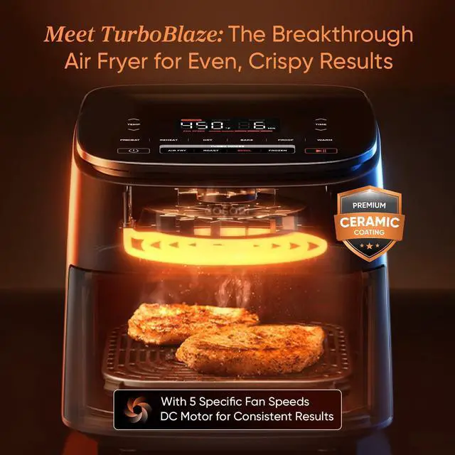 Alt view image 2 of 7 - 9-in-1 TurboBlaze Air Fryer 6 Qt, Premium Ceramic Coating, 90°450°F, Precise Heating for Even Results, Air Fry, Roast, Bake, Broil, Dry, Frozen, Proof, Reheat, Keep Warm, 120V