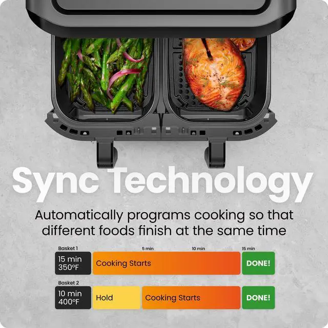 Alt view image 4 of 7 - 6 Quart Dual Basket Air Fryer Oven with Easy View Windows, Sync Finish, Hi-Fry, Auto Shutoff, 2 Independent 3Qt Nonstick Dishwasher Safe Frying Baskets, Digital Double Air Fryer - Black