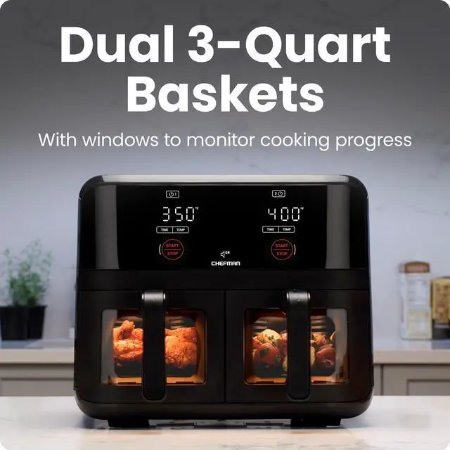 Alt view image 5 of 7 - 6 Quart Dual Basket Air Fryer Oven with Easy View Windows, Sync Finish, Hi-Fry, Auto Shutoff, 2 Independent 3Qt Nonstick Dishwasher Safe Frying Baskets, Digital Double Air Fryer - Black