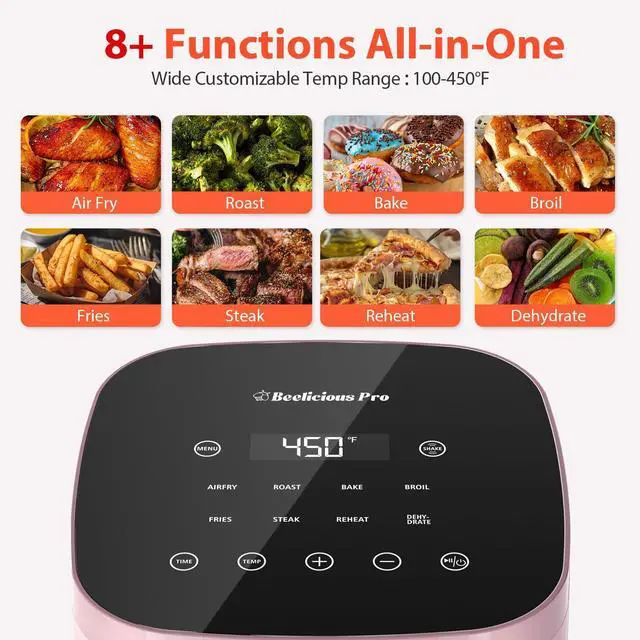 Alt view image 2 of 6 - Air Fryer, Beelicious 8-in-1 Smart Compact 4QT Air Fryers, Shake Reminder,450°F Digital Airfryer with Flavor-Lock Tech, Tempered Glass Display, Dishwasher-Safe & Nonstick, Fit for 1-3 People, Pink