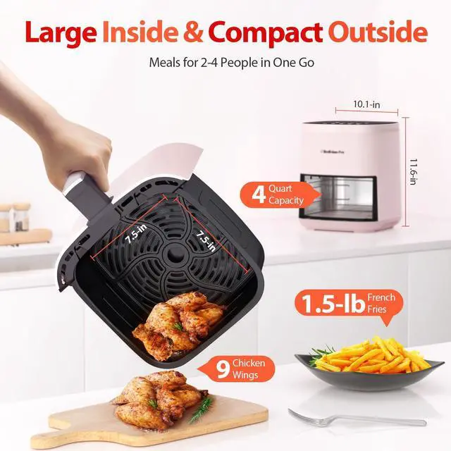 Alt view image 4 of 6 - Air Fryer, Beelicious 8-in-1 Smart Compact 4QT Air Fryers, Shake Reminder,450°F Digital Airfryer with Flavor-Lock Tech, Tempered Glass Display, Dishwasher-Safe & Nonstick, Fit for 1-3 People, Pink