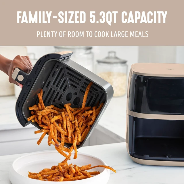 Alt view image 2 of 4 - Compact Electric Air Fryer Oven, 5.3 QT, PFAS-Free Ceramic Nonstick Drawer, 8 One Touch Digital Display, Easy View Window, Auto Shut-Off Timer, Dishwasher Safe Parts, 1500 Watts, Taupe