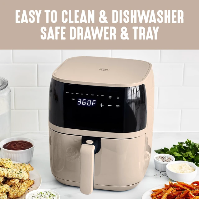 Alt view image 3 of 4 - Compact Electric Air Fryer Oven, 5.3 QT, PFAS-Free Ceramic Nonstick Drawer, 8 One Touch Digital Display, Easy View Window, Auto Shut-Off Timer, Dishwasher Safe Parts, 1500 Watts, Taupe