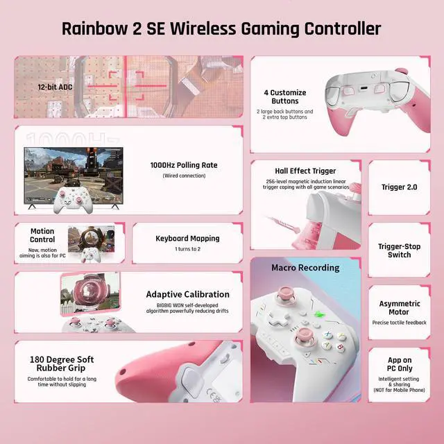 Alt view image 2 of 7 - Wireless Controllers, BIGBIG WON Rainbow 2 SE Controller for PC Motion Control, Hall Effect Trigger, 12-bit ADC, 3 Sets of Joysticks, 4-way&8-way D-pad Controller for Switch/PC/Android/iOS