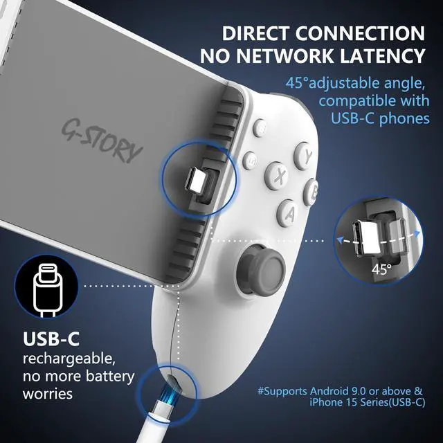 Alt view image 6 of 7 - Mobile Gaming Controller USB-C Wired&Bluetooth for Android,Dual Hall Joysticks&Ergonomic Design | Plug-and-Play Stream PC,Xbox,PS,Cloud Console Gaming android game controller (White)