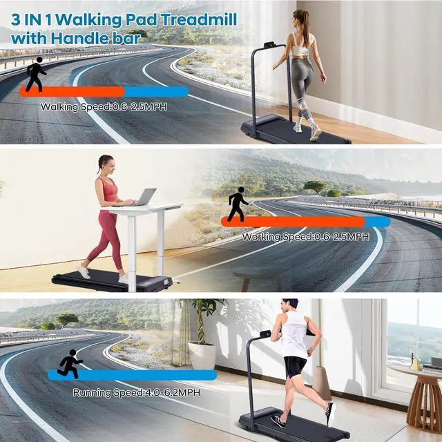 Alt view image 2 of 7 - Treadmill with Handles, Folding Foldable Electric Treadmills for Home Small, 3.0HP Walking Pad Treadmills with Handle Bar, 3 in 1 Under Desk Treadmill with Remote Control, LED Display, 300LBS Capacity